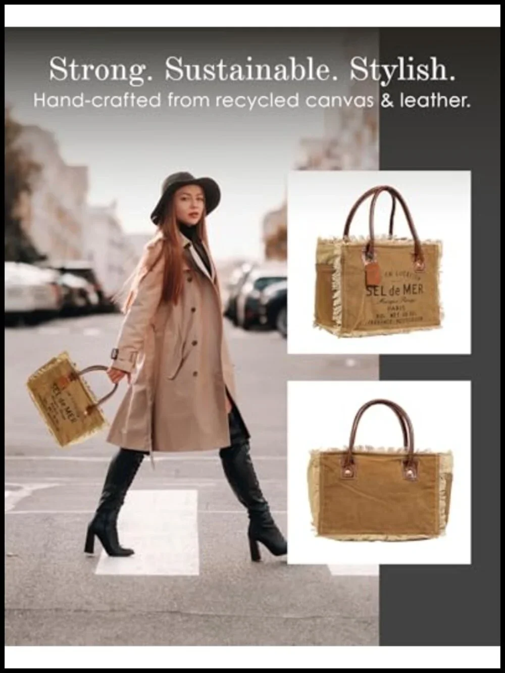 Canvas Tote Bag with Leather Strap, French Inspired Fabric Handbag
